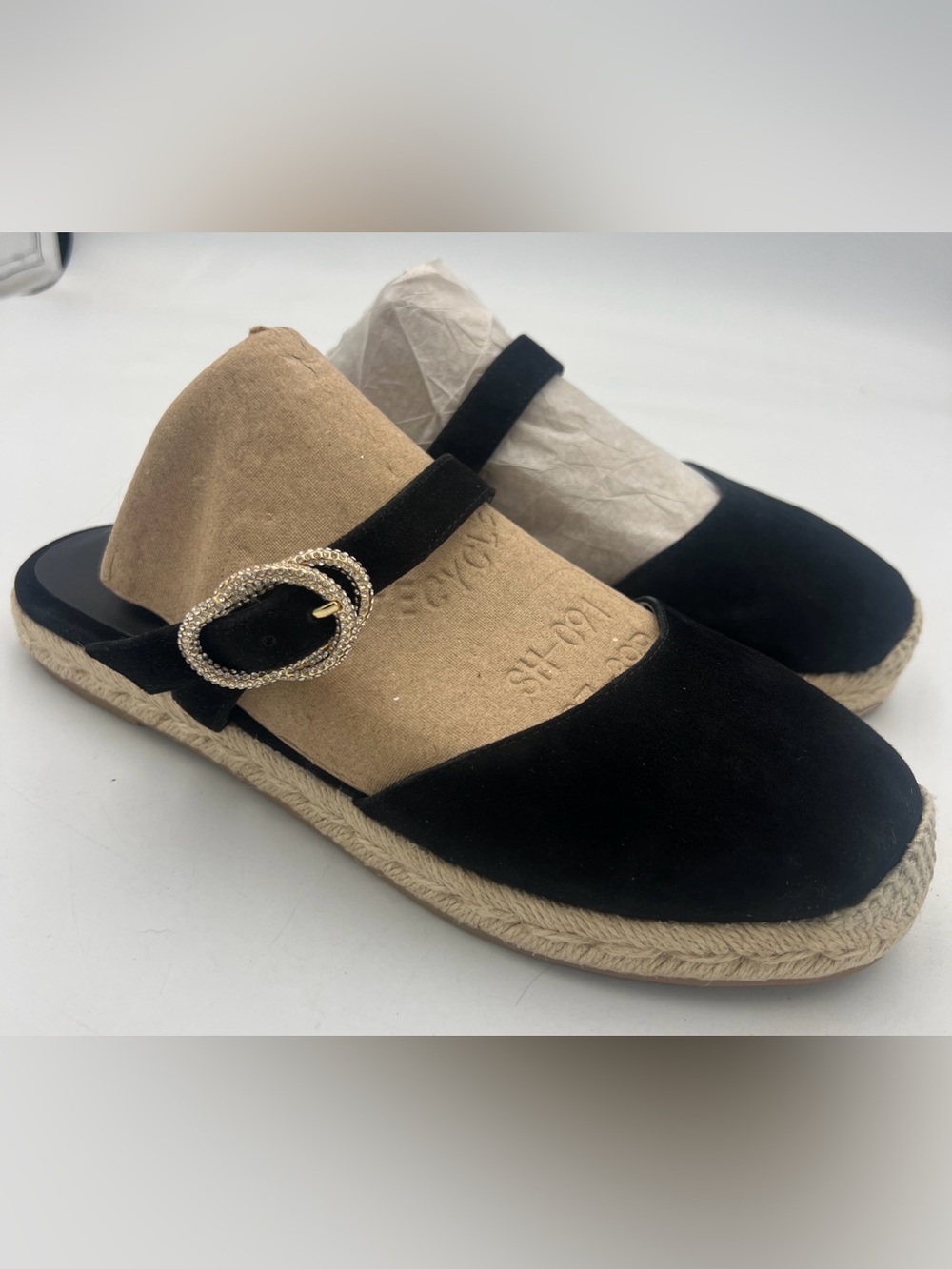 Stuart Weitzman Crystal Buckle Suede Espadrille Mules Black Women’s Size 6.5 NEW